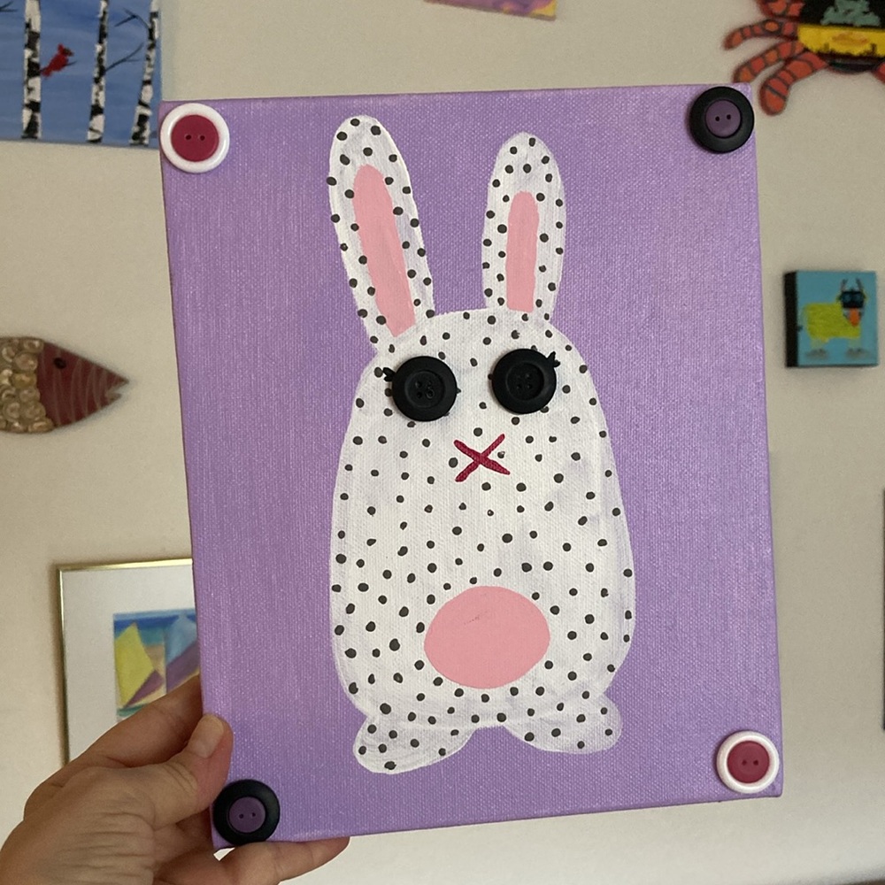 rabbit button Art NEW quirky acrylic painting white polka dot bad bunny